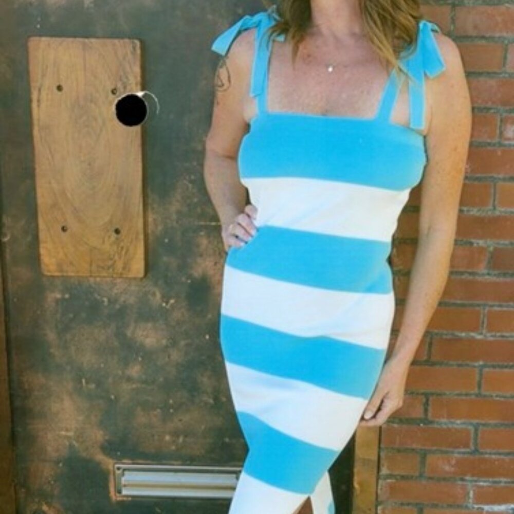 Mable Gabby Dress- stripe-  Knit-ADJ Tie straps- White & Aqua color ASST SIZES
